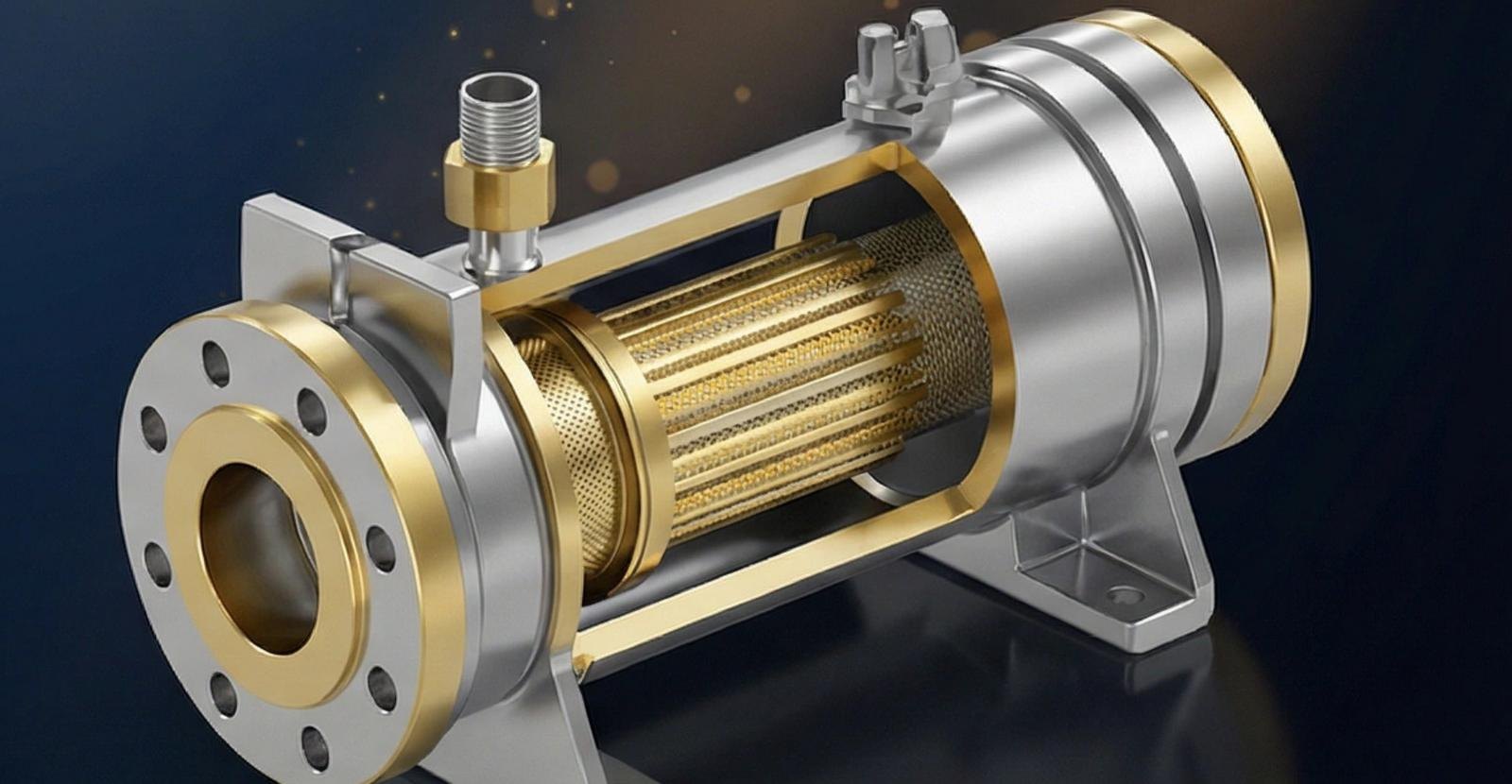 FLAC Guard precision filtration unit cutaway showing the brass filter element